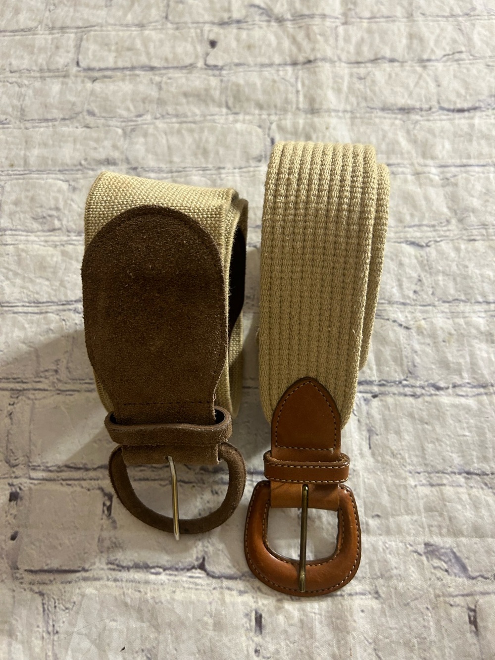 LANDS’END LEATHER AND WEBBED BROWN & BEIGE AND FAUX SUEDE BROWN & BEIGE BELTS